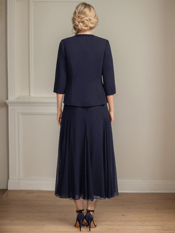 A-line Scoop Tea-Length Chiffon Mother of the Bride Dress with Sequins and Beading Separates