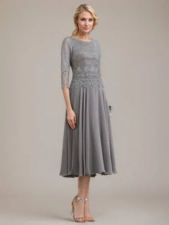 A-Line Scoop Neck Tea-Length Lace Chiffon Mother of the Bride Dress