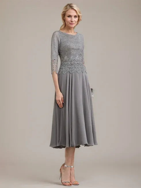 A-Line Scoop Neck Tea-Length Lace Chiffon Mother of the Bride Dress