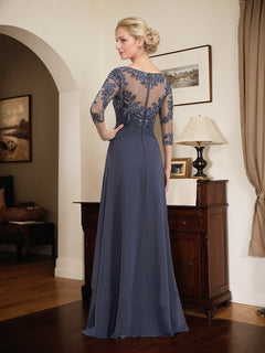 A-Line Scoop Neck Illusion Floor-Length Lace Chiffon Mother of the Bride Dress with Cascading Ruffles
