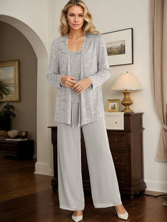 Chiffon Mother of the Bride Pantsuit Set with Jacket and Sequins