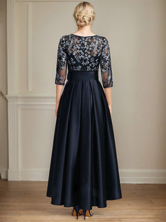 A-Line Scoop Neck Illusion Asymmetrical Satin Lace Mother of the Bride Dress with Bow
