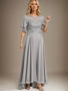 A-Line Scoop Neck Illusion Asymmetrical Chiffon and Lace Mother of the Bride Dress with Beading