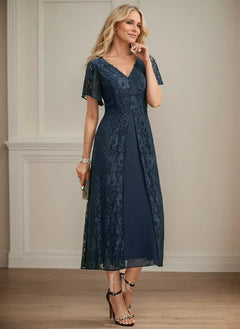A-Line V-Neck Tea-Length Lace Chiffon Mother of the Bride Dress