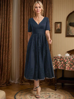A-Line V-Neck Tea-Length Tulle Lace Mother of the Bride Dress with Pleats
