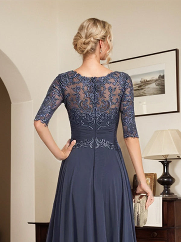 A-Line Scoop Neck Illusion Floor-Length Chiffon and Lace Mother of the Bride Dress with Pleated Sequins