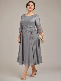 A-Line Scoop Neck Tea-Length Lace Chiffon Mother of the Bride Dress