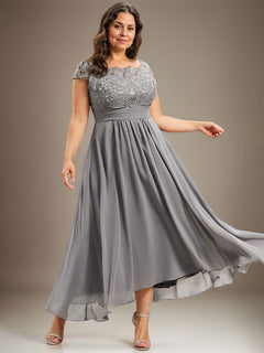 A-Line Scoop Neck Illusion Asymmetrical Lace Chiffon Mother of the Bride Dress with Pleats