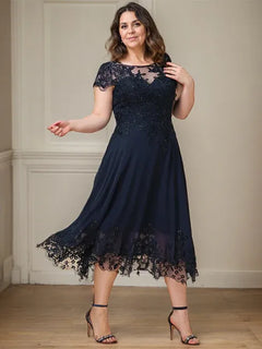 A-Line Illusion Scoop Tea-Length Lace Chiffon Mother of the Bride Dress with Sequins