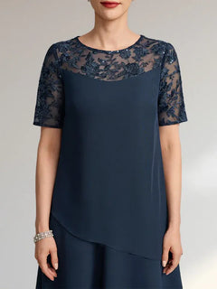 A-Line Scoop Neck Illusion Knee-Length Lace Chiffon Mother of the Bride Dress with Sequins