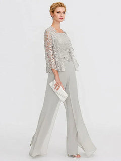 3-Piece Chiffon Square Neck Mother of the Bride Pantsuit Set with Jacket