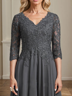 A-Line V-Neck Tea-Length Chiffon and Lace Mother of the Bride Dress with Beading and Sequins