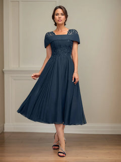 A-Line Square Neck Tea-Length Chiffon Mother of the Bride Dress with Pleated Sequins