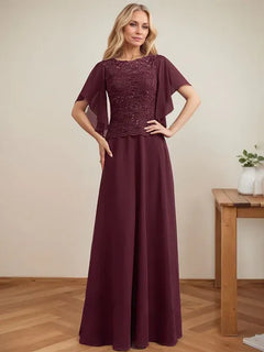A-Line Scoop Neck Illusion Floor-Length Lace Chiffon Mother of the Bride Dress with Sequins