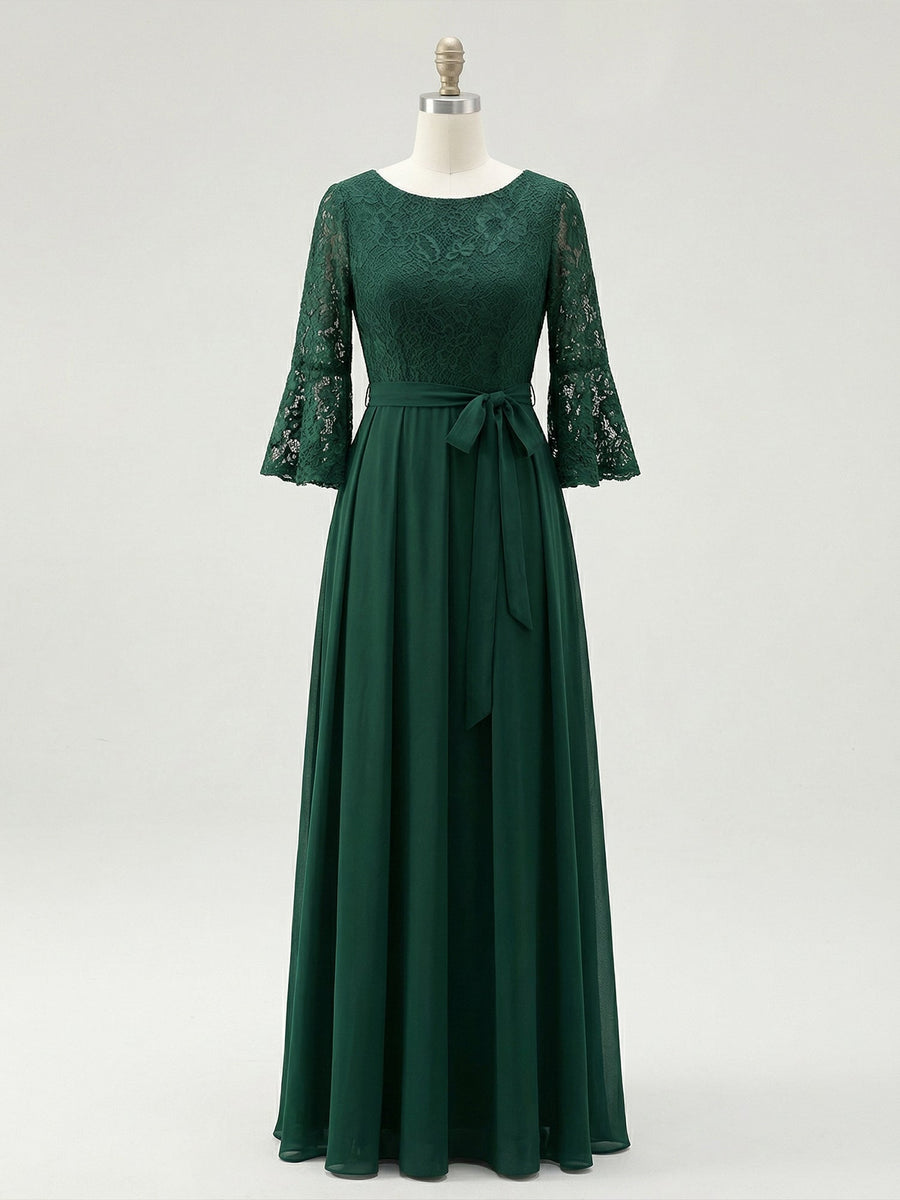 A-Line Scoop Neck Ankle-Length Lace Chiffon Mother of the Bride Dress with Bow