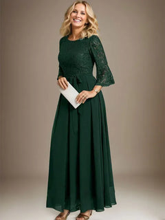 A-Line Scoop Neck Ankle-Length Lace Chiffon Mother of the Bride Dress with Bow