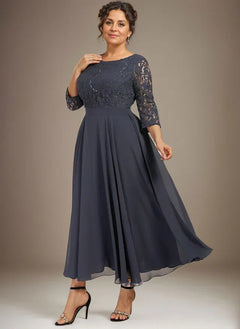 A-Line Scoop Neck Tea-Length Lace Chiffon Mother of the Bride Dress with Sequins