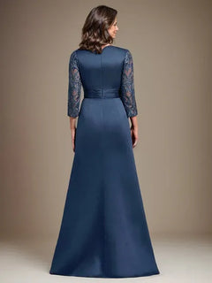 A-Line Scoop Floor-Length Lace Satin Mother Of the Bride Dress With Applique