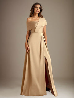 A-Line Satin Mother of the Bride Dress with Asymmetrical Neckline, Floor-Length, and Pleated Design