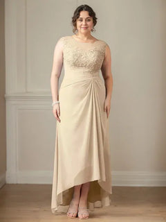 Champagne A-Line Lace and Chiffon Scoop Neck Dress