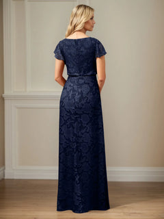 A-Line Boat Neck Short Sleeve Floral Burnout Mother of the Bride Dress