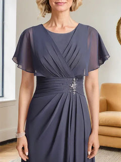 A-Line Scoop Neck Floor-Length Chiffon Mother of the Bride Dress with Pleated Beading