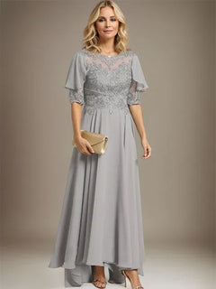 A-Line Scoop Neck Illusion Asymmetrical Chiffon and Lace Mother of the Bride Dress with Beading