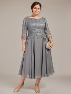 A-Line Scoop Neck Tea-Length Lace Chiffon Mother of the Bride Dress