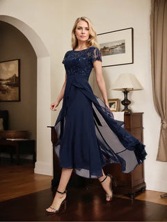 A-Line Scoop Neck Illusion Asymmetrical Chiffon Lace Mother of the Bride Dress with Bow, Ruffle, and Sequins