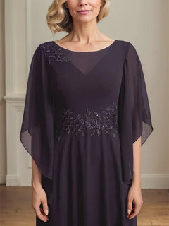 A-Line Scoop Neck Illusion Lace Chiffon Mother of the Bride Dress with Sequins and Ankle-Length Hem