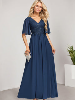 A-Line V-Neck Floor-Length Lace Chiffon Mother of the Bride Dress with Sequins