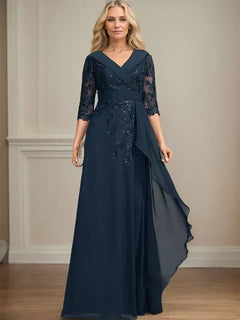 A-Line Collared V-Neck Floor-Length Lace Chiffon Mother of the Bride Dress with Sequins and Cascading Ruffles