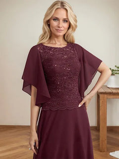 A-Line Scoop Neck Illusion Floor-Length Lace Chiffon Mother of the Bride Dress with Sequins