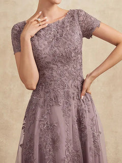 A-Line Scoop Neck Tea-Length Tulle Lace Mother of the Bride Dress