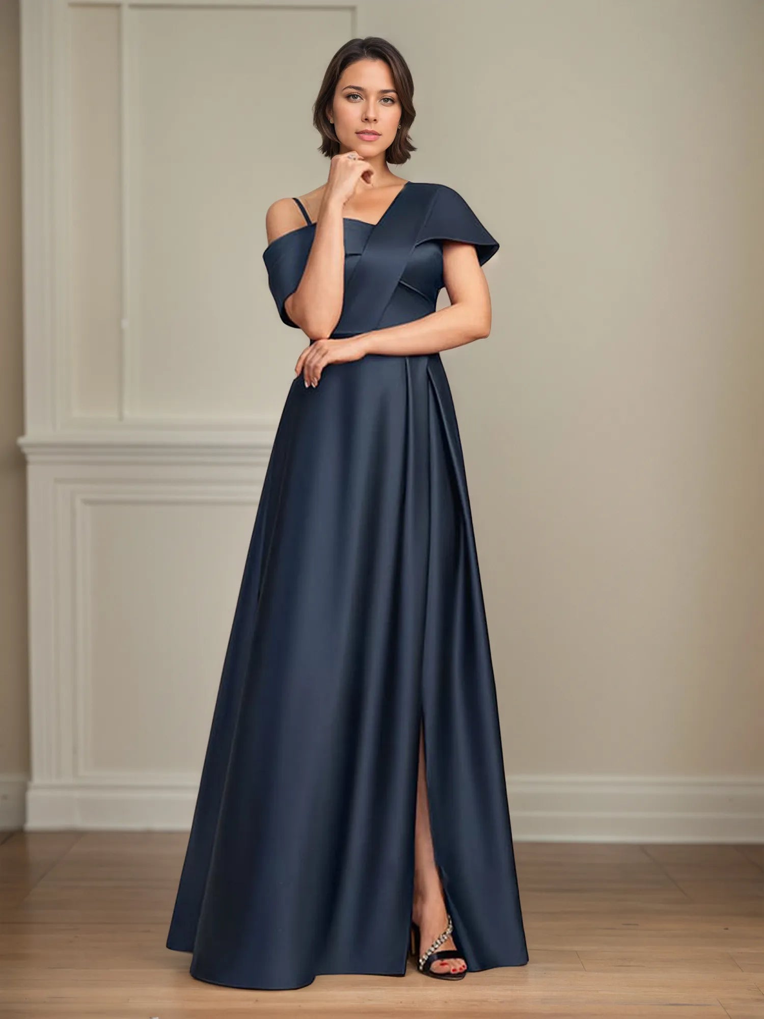 Asymmetrical A-Line Floor-Length Satin Mother of the Bride Dress with Pleats