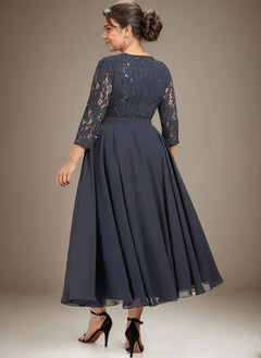 A-Line Scoop Neck Tea-Length Lace Chiffon Mother of the Bride Dress with Sequins