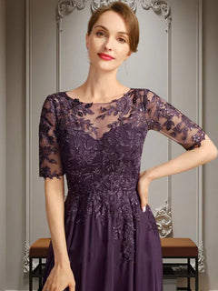 A-Line Scoop Neck Illusion Asymmetrical Chiffon and Lace Mother of the Bride Dress with Sequins