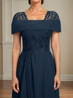 A-Line Square Neck Tea-Length Chiffon Mother of the Bride Dress with Pleated Sequins