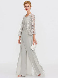 3-Piece Chiffon Square Neck Mother of the Bride Pantsuit Set with Jacket