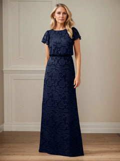A Line Boat Neck Short Sleeve Floral Burnout Mother of the Bride Dress