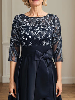 A-Line Scoop Neck Illusion Asymmetrical Satin Lace Mother of the Bride Dress with Bow