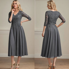 A-Line V-Neck Tea-Length Chiffon and Lace Mother of the Bride Dress with Beading and Sequins