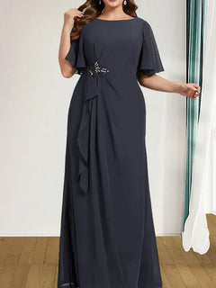 A-Line Scoop Floor-Length Chiffon Mother of the Bride Dress with Cascading Ruffles, Beading, and Sequins