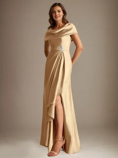 A-Line Scoop Neck Floor-Length Stretch Satin Mother of the Bride Dress with Cascading Ruffles