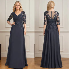A-Line V-Neck Floor-Length Lace and Chiffon Mother of the Bride Dress with Pleated Sequins