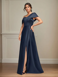 Asymmetrical A-Line Floor-Length Satin Mother of the Bride Dress with Pleats