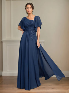Asymmetrical A-Line Floor-Length Lace and Chiffon Mother of the Bride Dress with Pleated Sequins