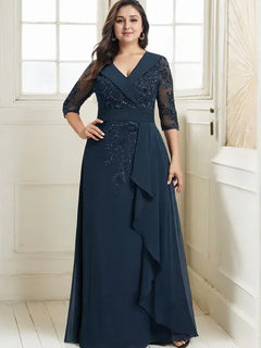 A-Line Collared V-Neck Floor-Length Lace Chiffon Mother of the Bride Dress with Sequins and Cascading Ruffles