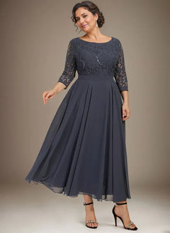 A-Line Scoop Neck Tea-Length Lace Chiffon Mother of the Bride Dress with Sequins