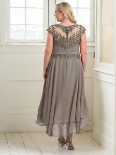 A-Line Boat Neck Illusion Asymmetrical Chiffon Lace Mother of the Bride Dress with Applique and Pleats